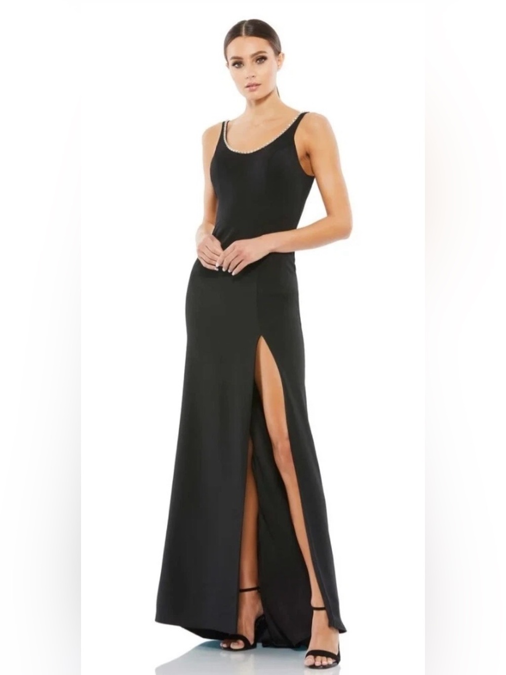 Mac Duggal NWT Black Rhinestone Collar Column Gown Front Slit Size 10